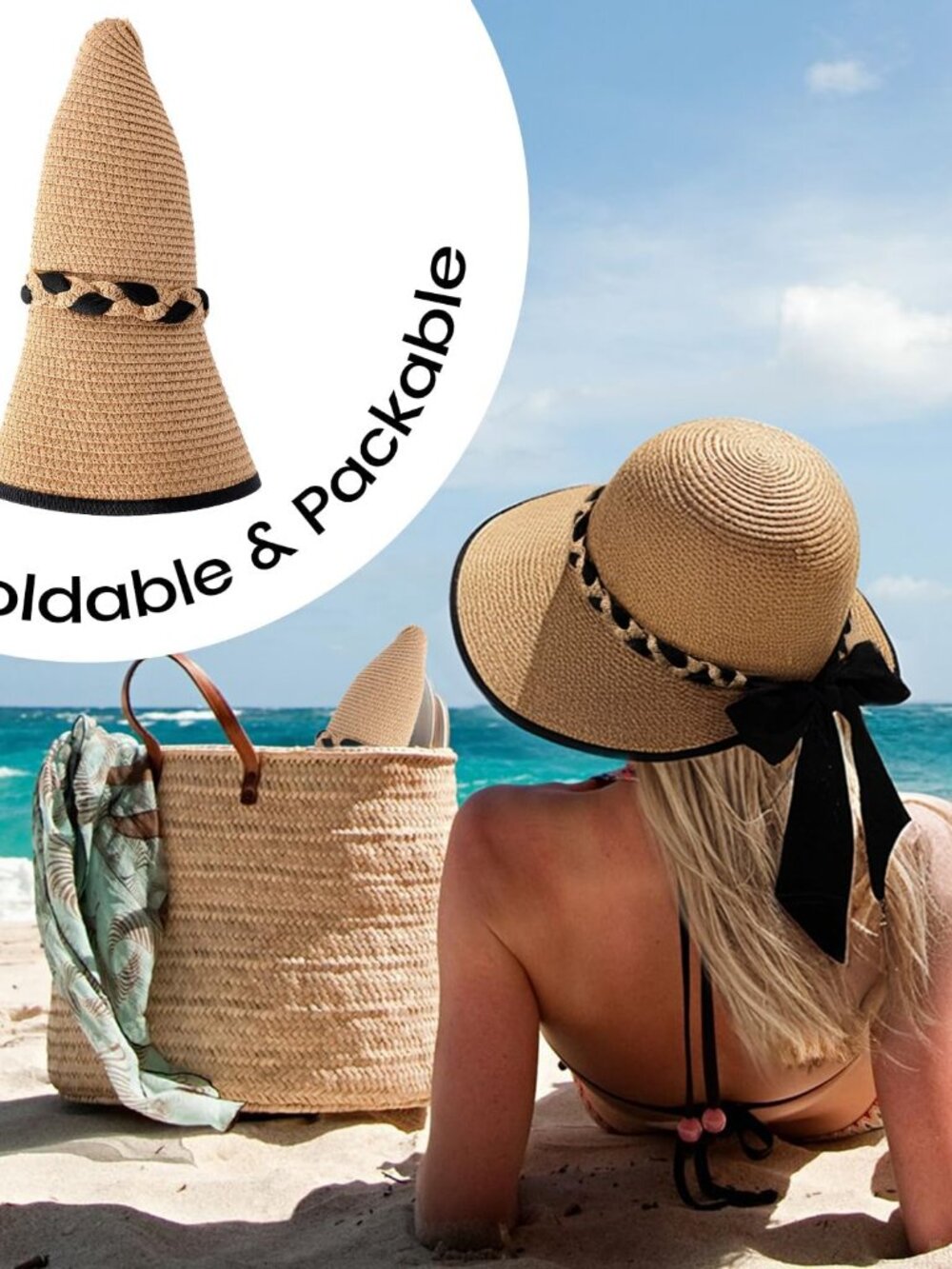 Women's Beach Sun Straw HatsUPF 50+ UV Sun Protection Wide Brim Deep Khaki - Picture 5 of 6
